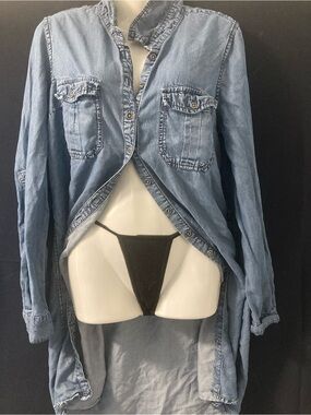 Tencel Lyocell Denim Shirt Dress Blue Large Y2K Casual Boho